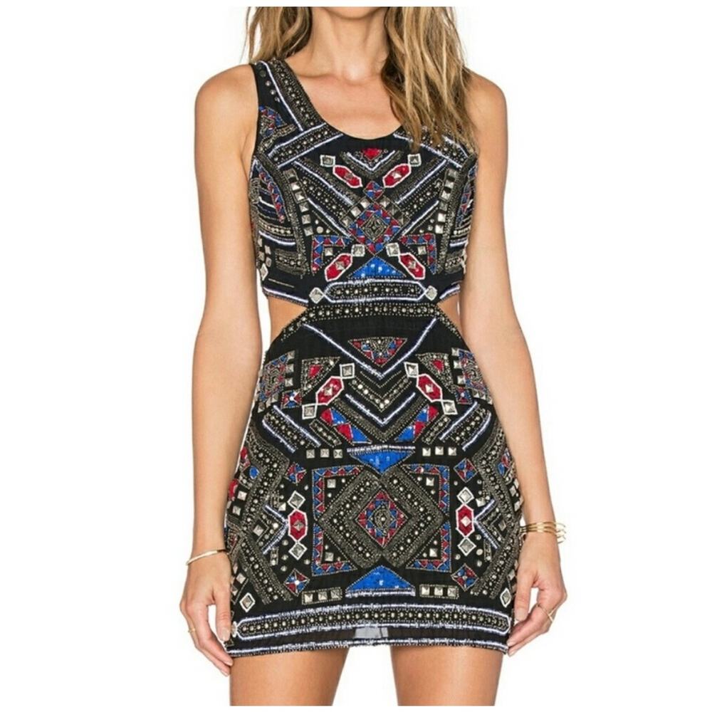 Parker Covina Beaded Mini Dress Black Red Blue XS Cut Out Sleeveless Back Zip